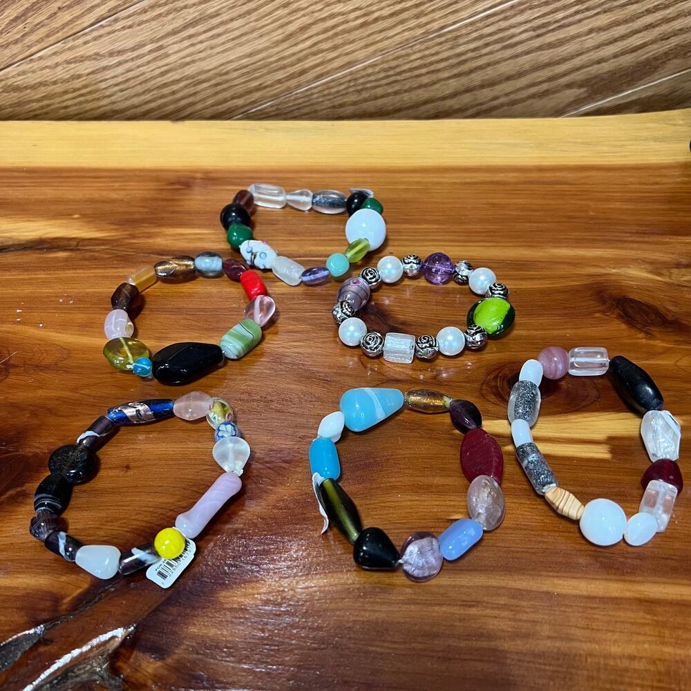 Vintage Lot 5‎ Glass Bauble Beaded Stretch Bracelets Colorful Jewelry NEW
